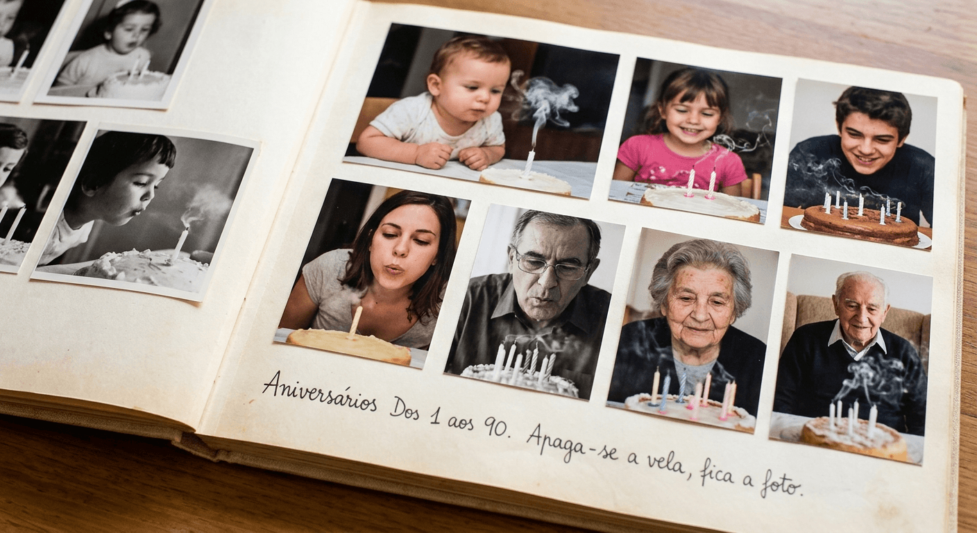 Criança a apagar as velas do bolo de aniversário rodeada de família