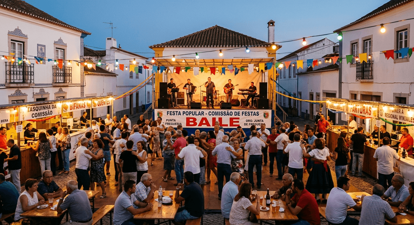 Arraial popular com dança, luzes e animação na rua