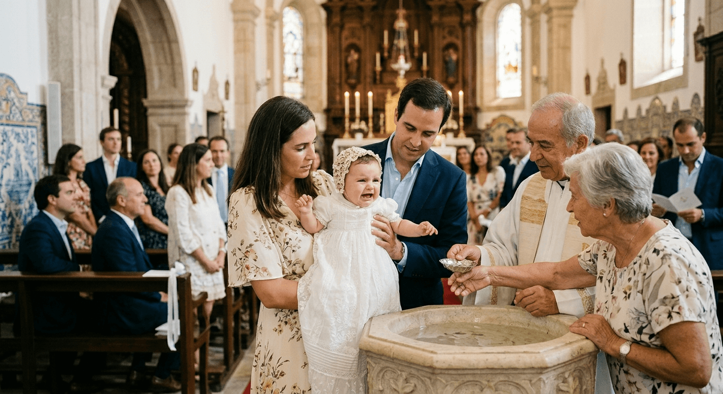 Bebé ao colo na cerimónia do batizado, família reunida à volta