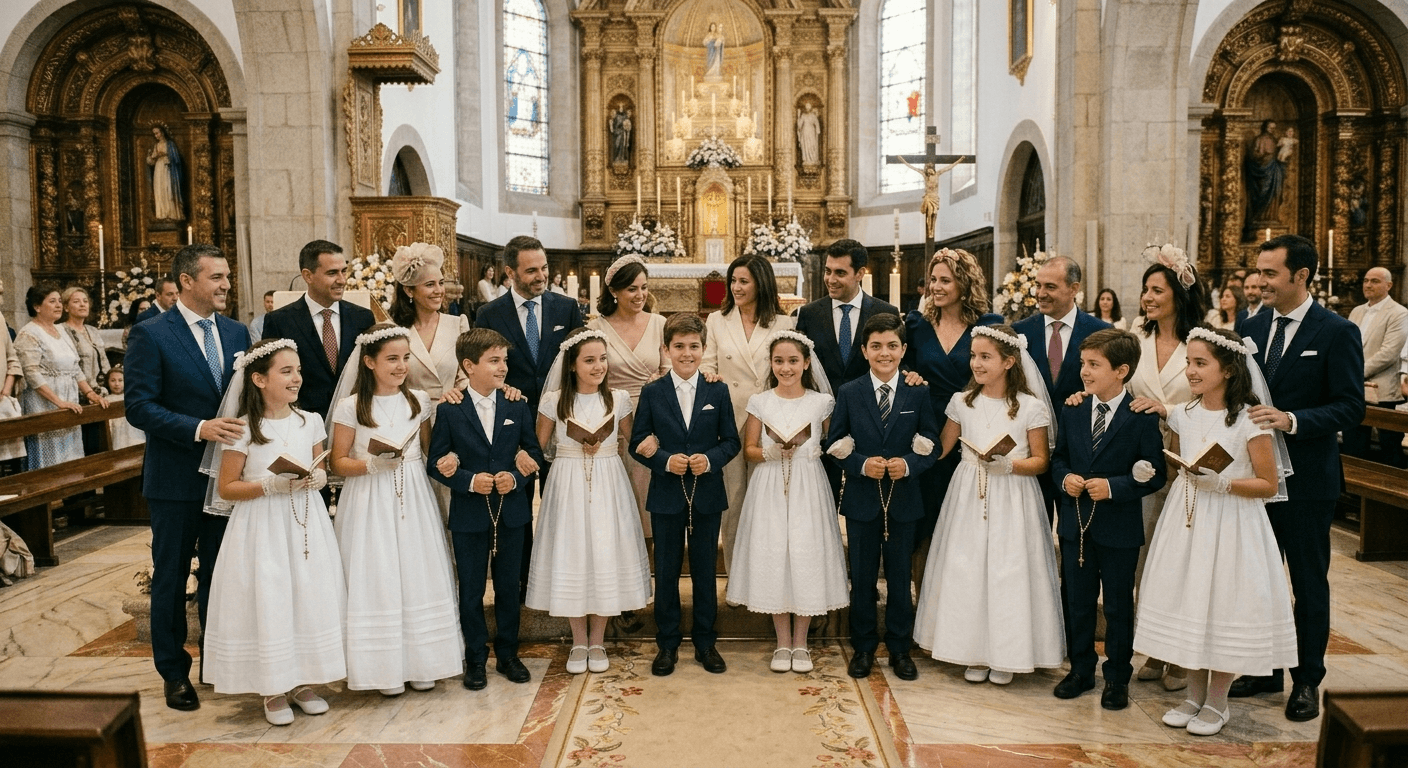 Criança vestida de comunhão a sorrir com os pais na cerimónia