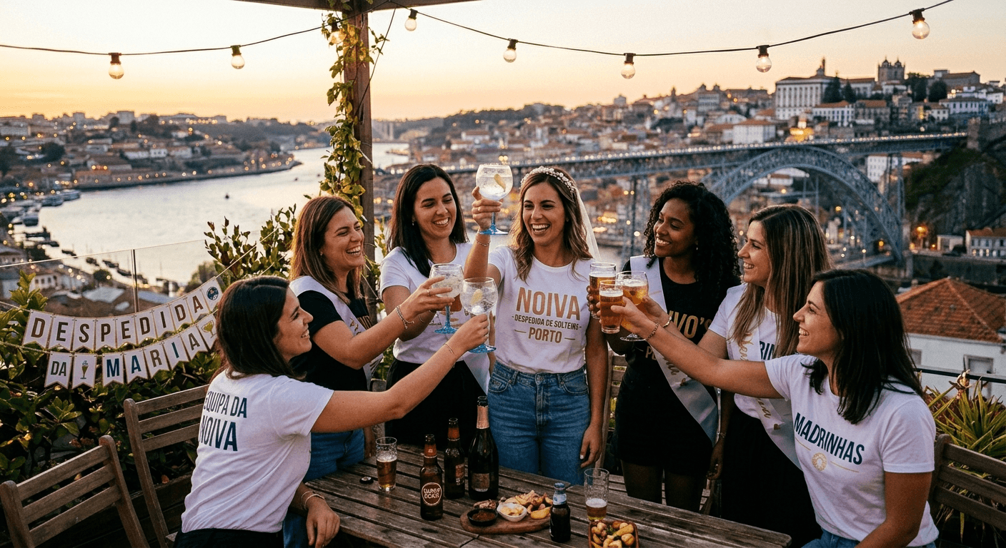 Grupo de amigas a brindar na despedida de solteira