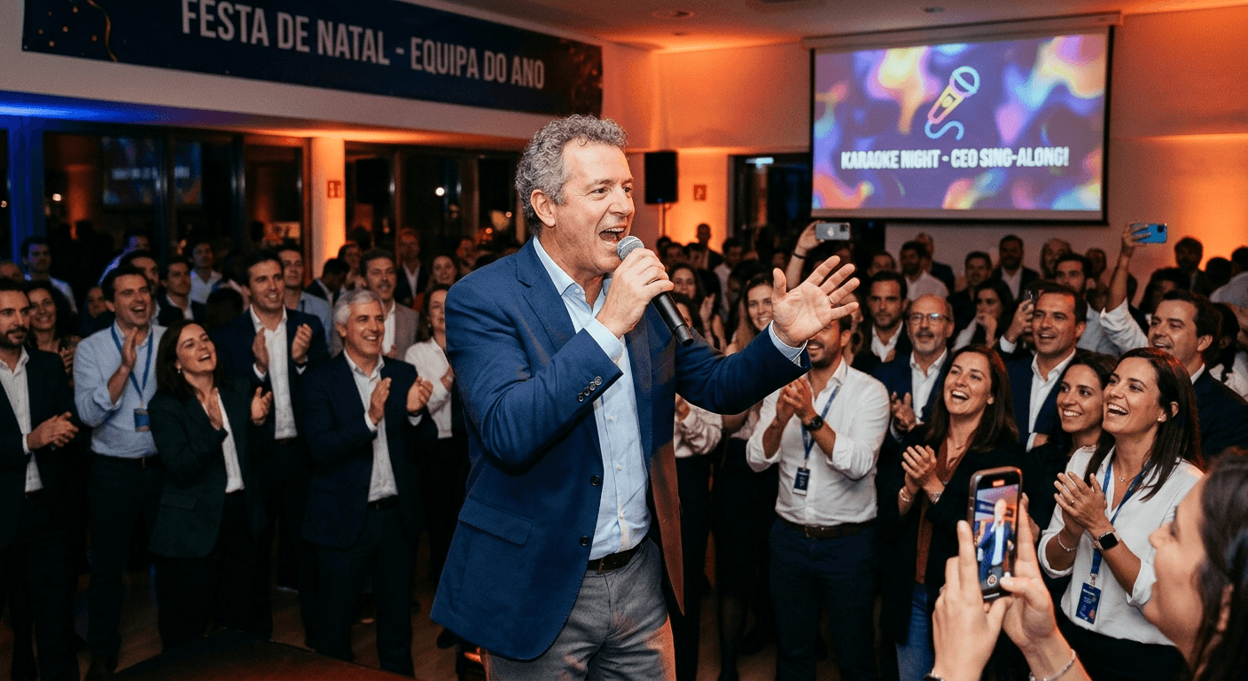 Equipa a celebrar e a tirar selfies na festa de empresa
